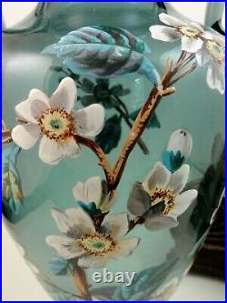 10 Antique Bohemian Harrach Hand Painted Enamel Apple Blossom Art Glass Vase