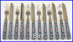 12 Russian silver with cloisonne enamel fruit forks and knives, early 20th c