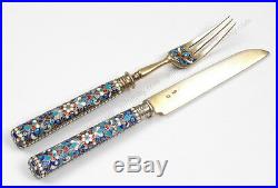 12 Russian silver with cloisonne enamel fruit forks and knives, early 20th c