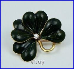 14K Art Nouveau Green 4 Leaf Clover Enamel Diamond Pin Brooch Antique Vintage