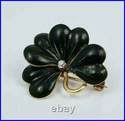 14K Art Nouveau Green 4 Leaf Clover Enamel Diamond Pin Brooch Antique Vintage