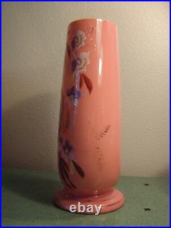 1880s PINK CASED ART GLASS VASE HAND PAINTED ENAMEL BIRD & FLOWERS