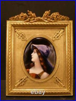 1890s PURPLE French Foil Enamel Bronze Gilt Frame Portrait Plaque Woman Jeweled