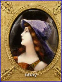 1890s PURPLE French Foil Enamel Bronze Gilt Frame Portrait Plaque Woman Jeweled