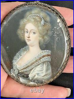 18 century hand painted miniature painting of Woman Silver frame enamel back
