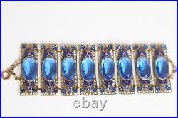 1920s/30s Czech Faceted Oval Blue Glass Enamel Openwork Panel Bracelet, Neiger