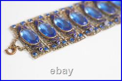 1920s/30s Czech Faceted Oval Blue Glass Enamel Openwork Panel Bracelet, Neiger