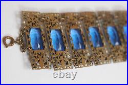 1920s/30s Czech Faceted Oval Blue Glass Enamel Openwork Panel Bracelet, Neiger