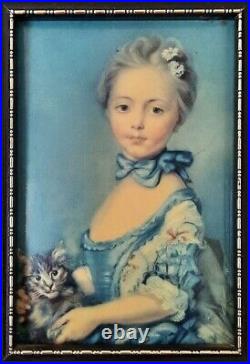 (1930) FAMOUS PAINTING Girl with a Cat (1745)? Antique Enamel Portrait Art