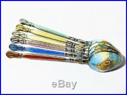 1934 Art Deco Hand Painted Scenes Enamel & Guilloche Silver Spoons Cased Vintage