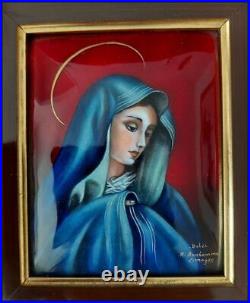 (1940) UNIQUE SIGNED PAINTING VIRGIN MARY? Antique Christian Art Bible Christ