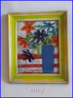 1960's Bene Conway Painted Flowers Enamel on Copper Metal in Wood Frame SIGNED