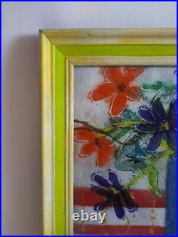 1960's Bene Conway Painted Flowers Enamel on Copper Metal in Wood Frame SIGNED