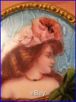 19 c Art Nouveau Bronze Gilt Frame Guilloche Foil Enamel Lady Painting Portrait