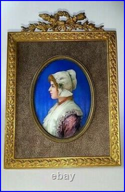 19 th Century Victorian Portrait Woman Enamel Copper Painted Plaque French Frame
