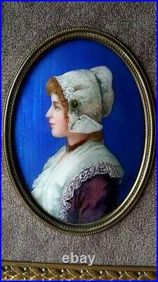 19 th Century Victorian Portrait Woman Enamel Copper Painted Plaque French Frame