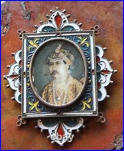 19c Antique Mughal Emperor Jahangir Miniature Painting In Stunning Enamel Frame