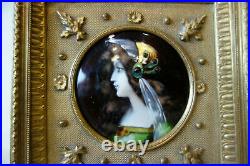 19th Antique French Limoges Enamel On Copper Miniature Portrait Plaque Painting