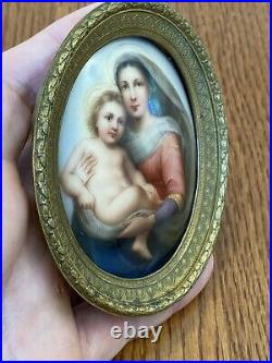 19th C Wagner Miniature Porcelain Portrait Plaque Painted Madonna & Child Framed