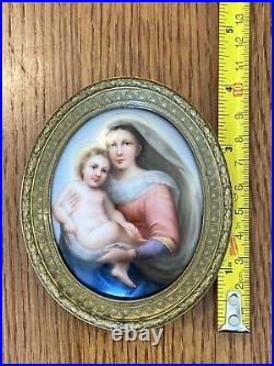 19th C Wagner Miniature Porcelain Portrait Plaque Painted Madonna & Child Framed
