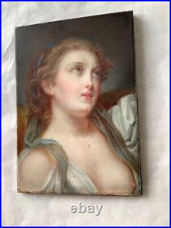 19th Century After GREUZE Portrait Lady Bare Chest Oil Porcelain Enamel Plate