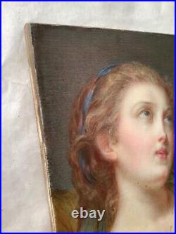 19th Century After GREUZE Portrait Lady Bare Chest Oil Porcelain Enamel Plate
