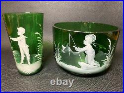 19th Century Victorian Mary Gregory Enamel Decoration Art Glass Bowl and Cup