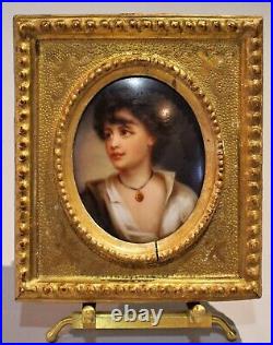 19th c Italian Miniature Painting on Porcelain of Young Boy in Period Gold Frame