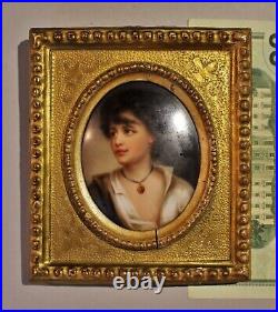 19th c Italian Miniature Painting on Porcelain of Young Boy in Period Gold Frame