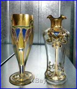2 Hand Painted Art Nouveau design Gold Decanter Vase & Glass bohemian enamelled