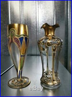 2 Hand Painted Art Nouveau design Gold Decanter Vase & Glass bohemian enamelled