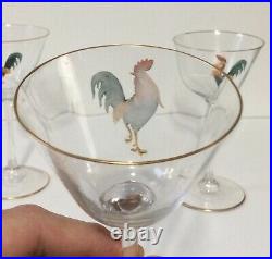 4 Dorflinger Honesdale Rooster Enameled Hand Painted Art Glass Wines