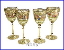 4 Venetian Amber Art Glass Hand Painted Enamel Wine Goblets