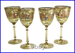 4 Venetian Amber Art Glass Hand Painted Enamel Wine Goblets