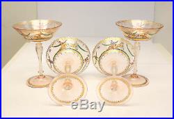 4 Venetian Art Glass Champagne Goblets, Hand Painted Enameled Antquity Scenes