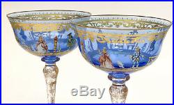 4 Venetian Blue Art Glass Hand Painted Enamel Wine Glass Goblets, c1940
