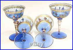 4 Venetian Blue Art Glass Hand Painted Enamel Wine Glass Goblets, c1940