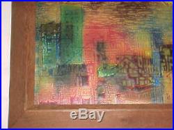 56 Signed Harding Modern Enamel Copper Art Plaque Midcentury Painting Cityscape