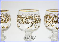 5pc Theresiental Art Glass Wine Glasses Hand Painted & Raised Enamel Gilt Floral