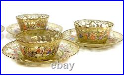 6 Venetian Amber Art Glass Hand Painted Enamel Bowl & Underplates