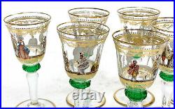7 Venetian Art Glass Hand Painted Enamel Cordial Wine Goblets, circa 1940