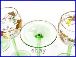 8 Continental Art Glass Wine Goblets. Hand Painted Enamel Grapes. C1940
