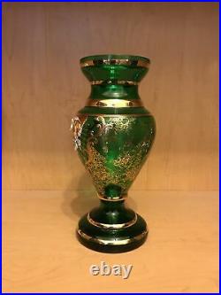 9 Moser Bohemian Czech Art Glass Vase. Emerald Sold Paint Raised Enamel Flowers