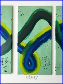 ACRYLIC, ENAMEL ON CANVAS Triptych Original Painting ABSTRACT WAVE
