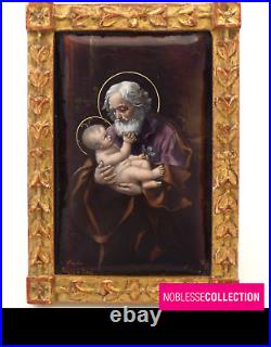 ANTIQUE 1900s FRENCH MINIATURE HAND PAINTED ON ENAMEL SAINT JOSEPH & JESUS CHILD