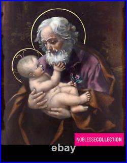 ANTIQUE 1900s FRENCH MINIATURE HAND PAINTED ON ENAMEL SAINT JOSEPH & JESUS CHILD