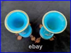 ANTIQUE Pair Blue Opaline Art Glass Enamel Painted Bronze Ring Trumpet Vases 19c
