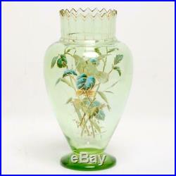 ANTIQUE VICTORIAN BOHEMIAN ART GLASS VASE With HAND PAINTED ENAMEL BIRD DECORATION