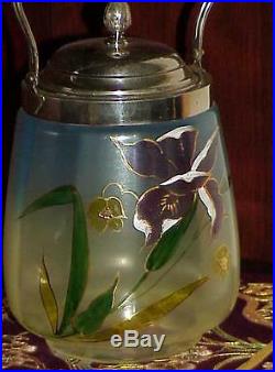 ART GLASS BISCUIT JAR VICTORIAN ENAMELED Iris Hand Painted Handled Antique