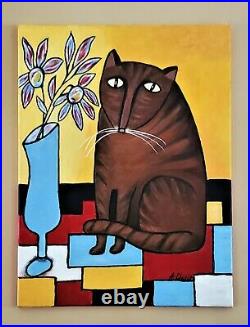 A. Z. Davis Original Painting Abstract Modern Pop Still Life Cat Art 24 x 18